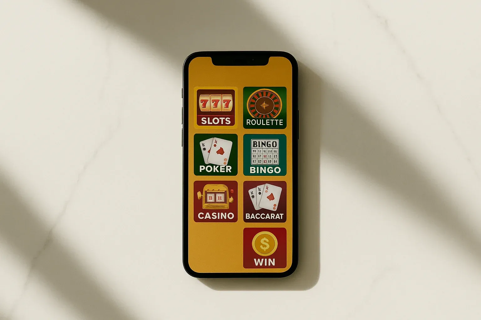 Smartphone on white marble showing bright casino game selection grid