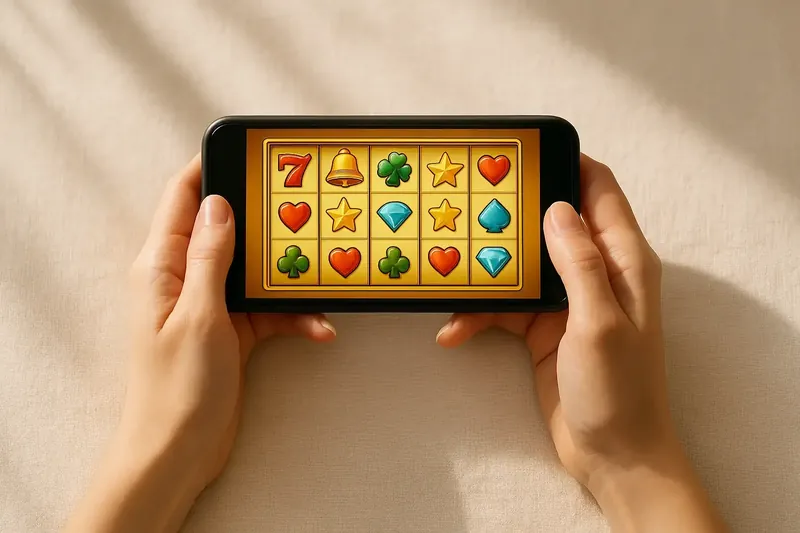 Woman holding smartphone with casino game grid over cream linen