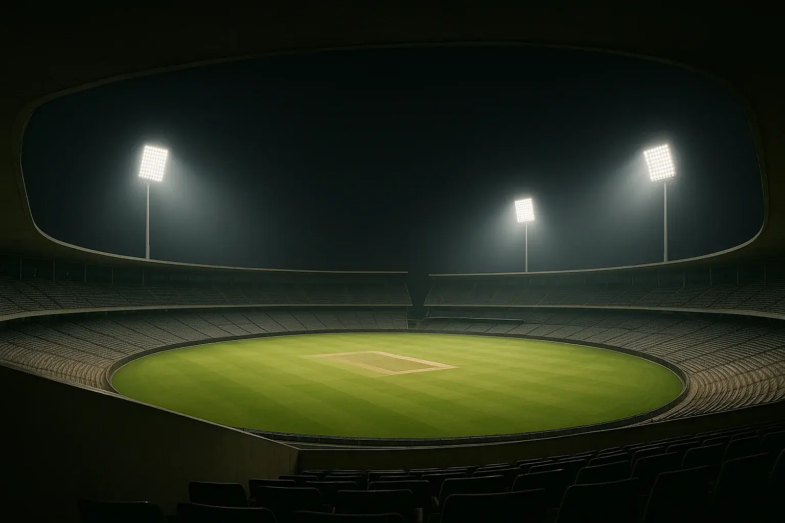 Aerial view of cricket stadium at night with bright floodlights