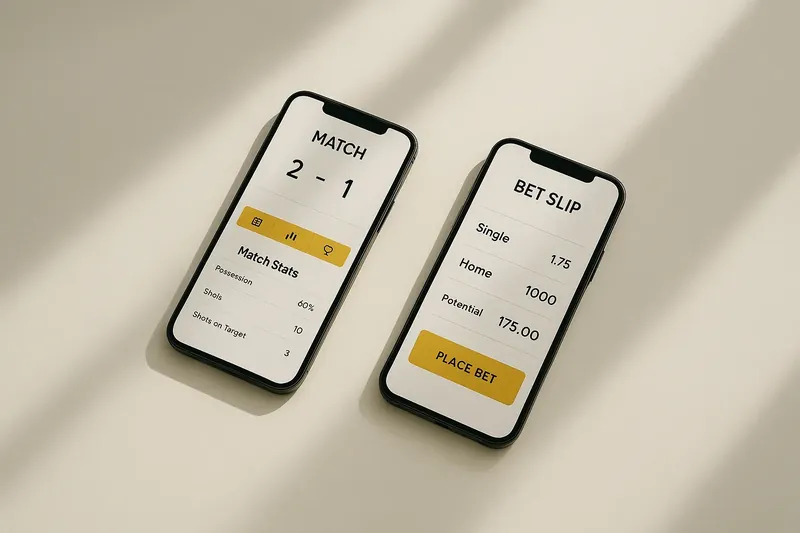 Two smartphones showing match dashboard and bet slip on cream surface
