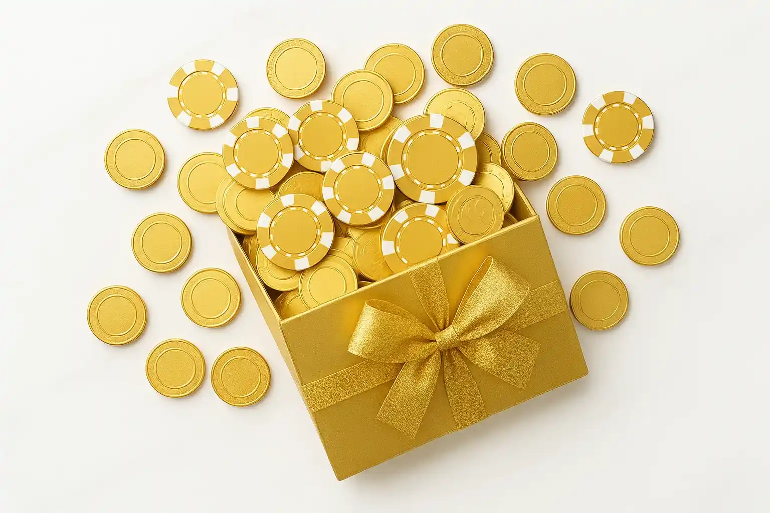 Golden Casino Bonus Golden gift box with poker chips and coins on marble