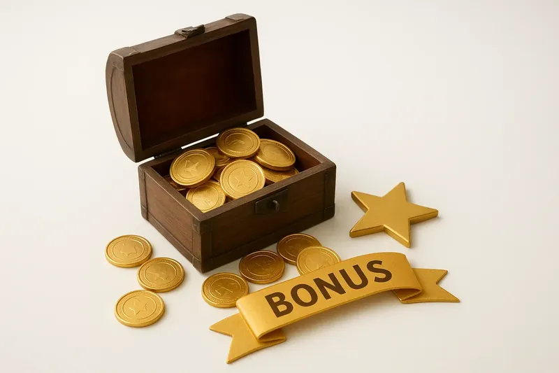 Open treasure box spilling gold coins with bonus ribbon and star badge