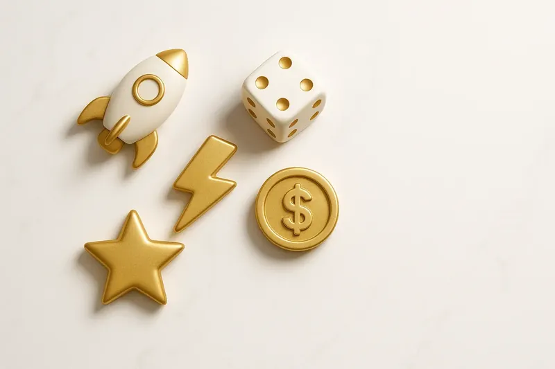 Five 3D instant game symbols on white marble flat lay