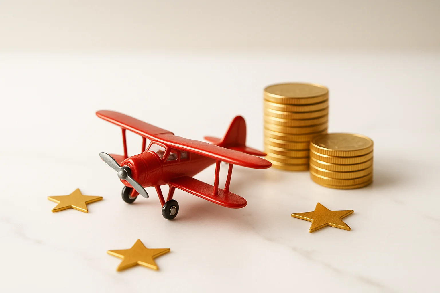 Miniature red airplane model with gold coins and star tokens