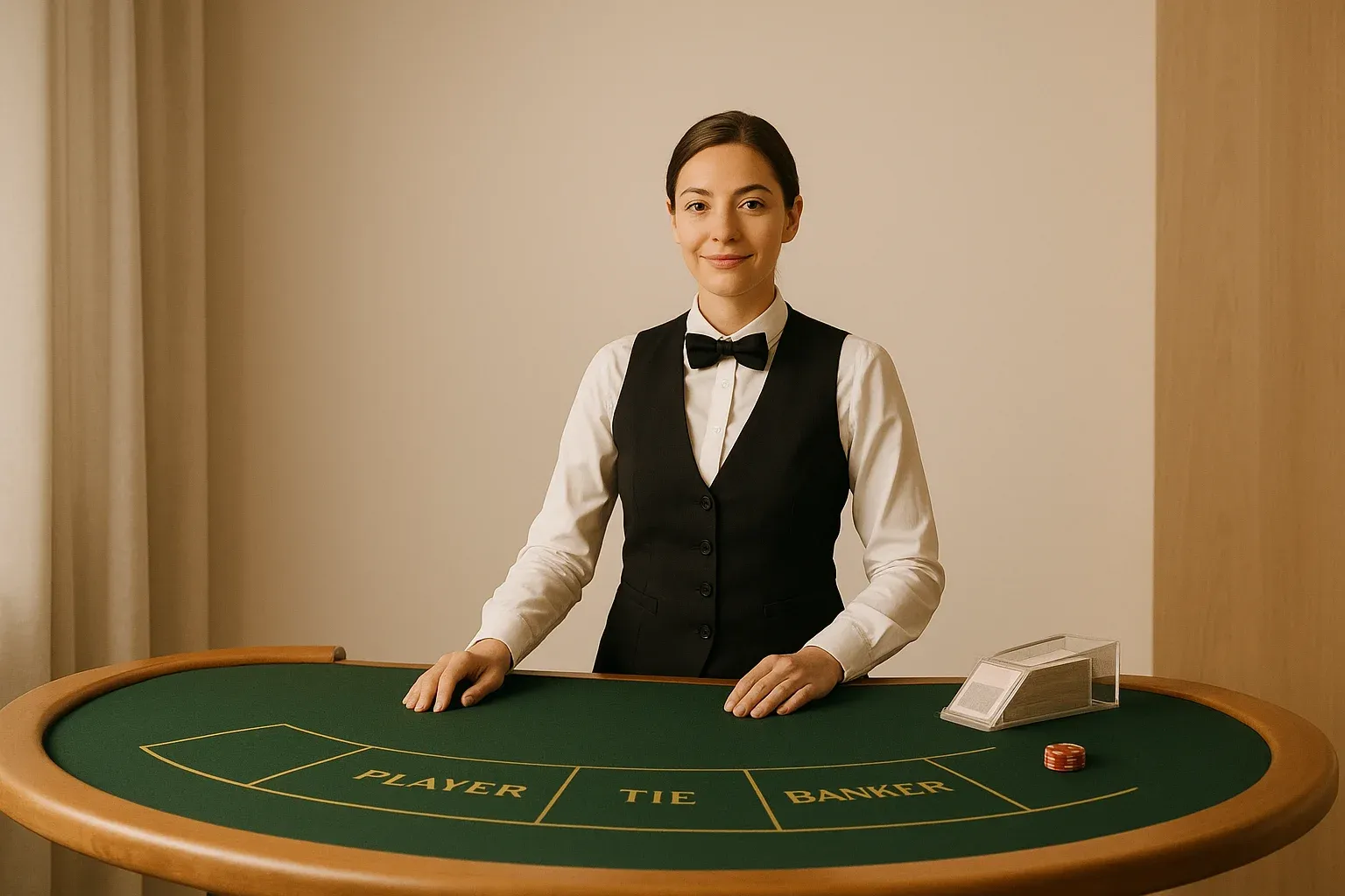 Professional female dealer at elegant live baccarat table in casino