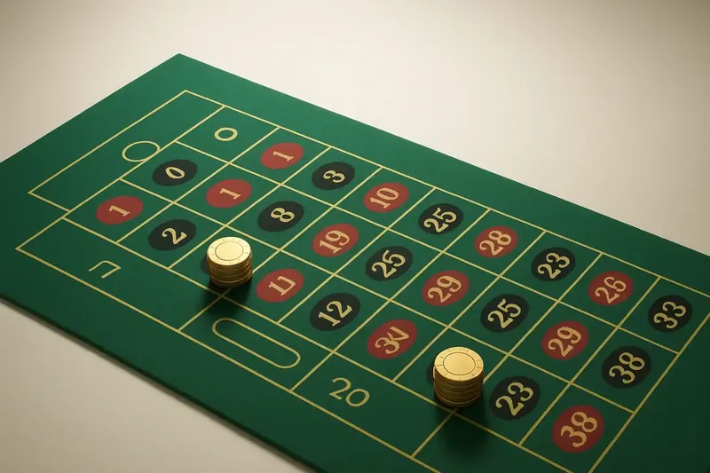 Top-down roulette table with green felt and gold chip stacks