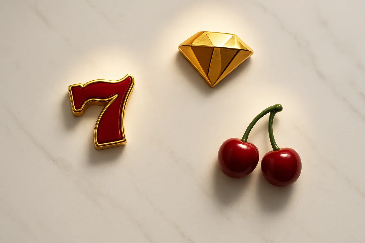 Three polished slot symbols on white marble with warm spotlights