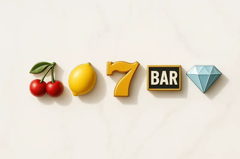 Five polished slot symbols in a neat row on white marble